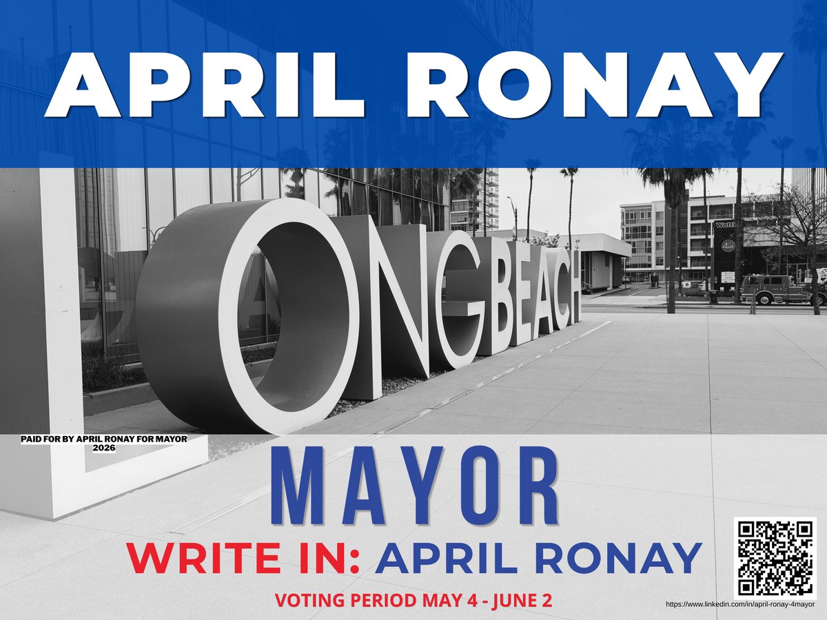 MrsRonayGardens's tweet image. APRIL RONAY 
for Mayor of Long Beach  
WRITE-IN: 
👀Find Mayor section  
✍️Write: APRIL RONAY  Vote May 4 – June 2 
🗳️Return by June 2  
Learn more: linkedin.com/in/april-ronay… #LongBeach #VoteLocal #WriteIn #CommunityFirst 📷