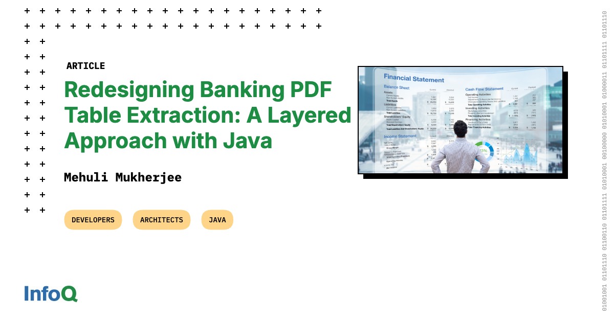 InfoQ's tweet image. PDF Table Extraction becomes difficult in real-world banking documents. 

A reliable approach combines stream parsing and lattice/OCR, validate the results, and fall back safely when confidence is low.

🔗 Read now: bit.ly/4d0xfyU

#Java #SoftwareDevelopment