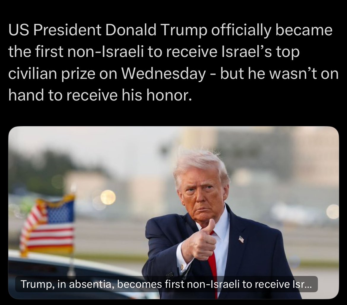 耶路撒冷邮报报道，美国总统特朗
荣获以色列奖(Israel Prize)。

值得注意的是，特朗普是以色列历史上首位获此奖的“非以色列人”。在以色列人看来，这个奖项代表着至高无上的荣誉。

川普总统与以色列的价值观高度契合，他获得此奖项，算是实至名归。

以色列的古话说：
凡是祝福以色列的，必蒙祝福。