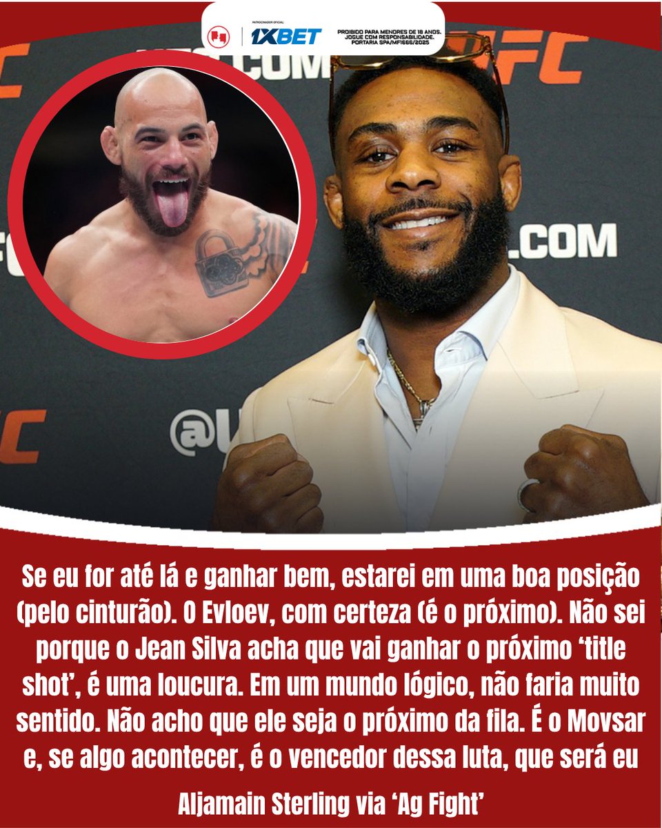 AgFight's tweet image. VETO AO JEAN SILVA!❌

Na briga pelo próximo 'title shot' dos penas, Aljamain Sterling analisa a categoria.🧐

Na visão do americano, Jean Silva não deveria ser considerado como um possível desafiante, somente Movsar Evloev.🤷‍♂️

Concordam?👀

#Sterling #Jean #UFC #TitleShot #Penas
