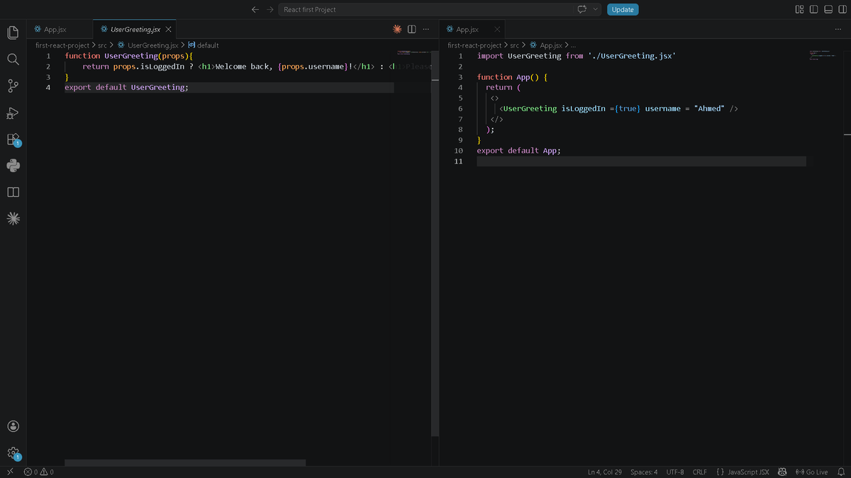 BlayzeX27's tweet image. day 4 of React ⚛️

learned conditional rendering today:

props.isLoggedIn 
? "Welcome back Ahmed!" 
: "Please sign up."

one line decides what the user sees 

same concept, endless possibilities 🔥

#React #100DaysOfCode #buildinpublic