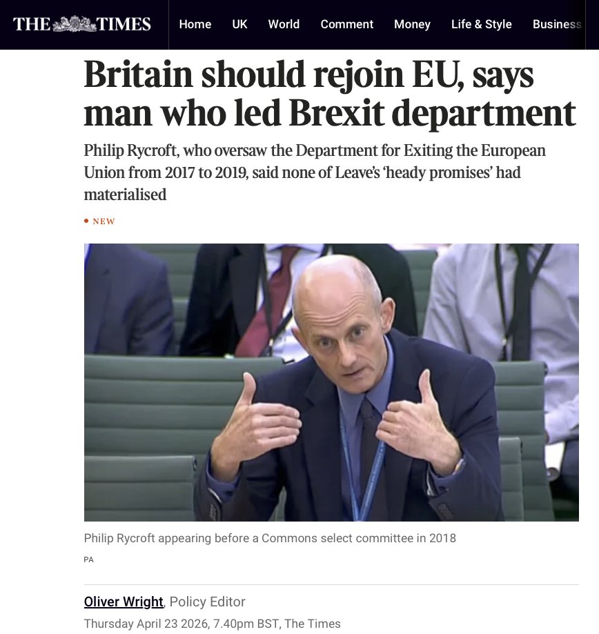 In what The Times calls a "highly unusual intervention" 🤡Philip Rycroft, the former Permanent Sec at the Dep for Exiting the European Union* says life outside the EU has "failed to live up to the expectations" (𝑛𝑜 𝑘𝑖𝑑𝑑𝑖𝑛𝑔 !) and that the UK should now "think about