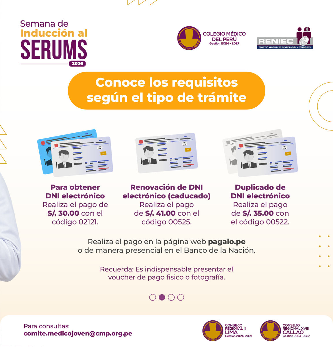 CMP_PERU's tweet image. ⚠️ Importante: Contar con el DNI electrónico vigente es un requisito clave para el proceso SERUMS.

➡️ Conoce los requisitos según el tipo de trámite en este carrusel.

#SERUMS2026 #CMP #CampañaDNIElectrónico