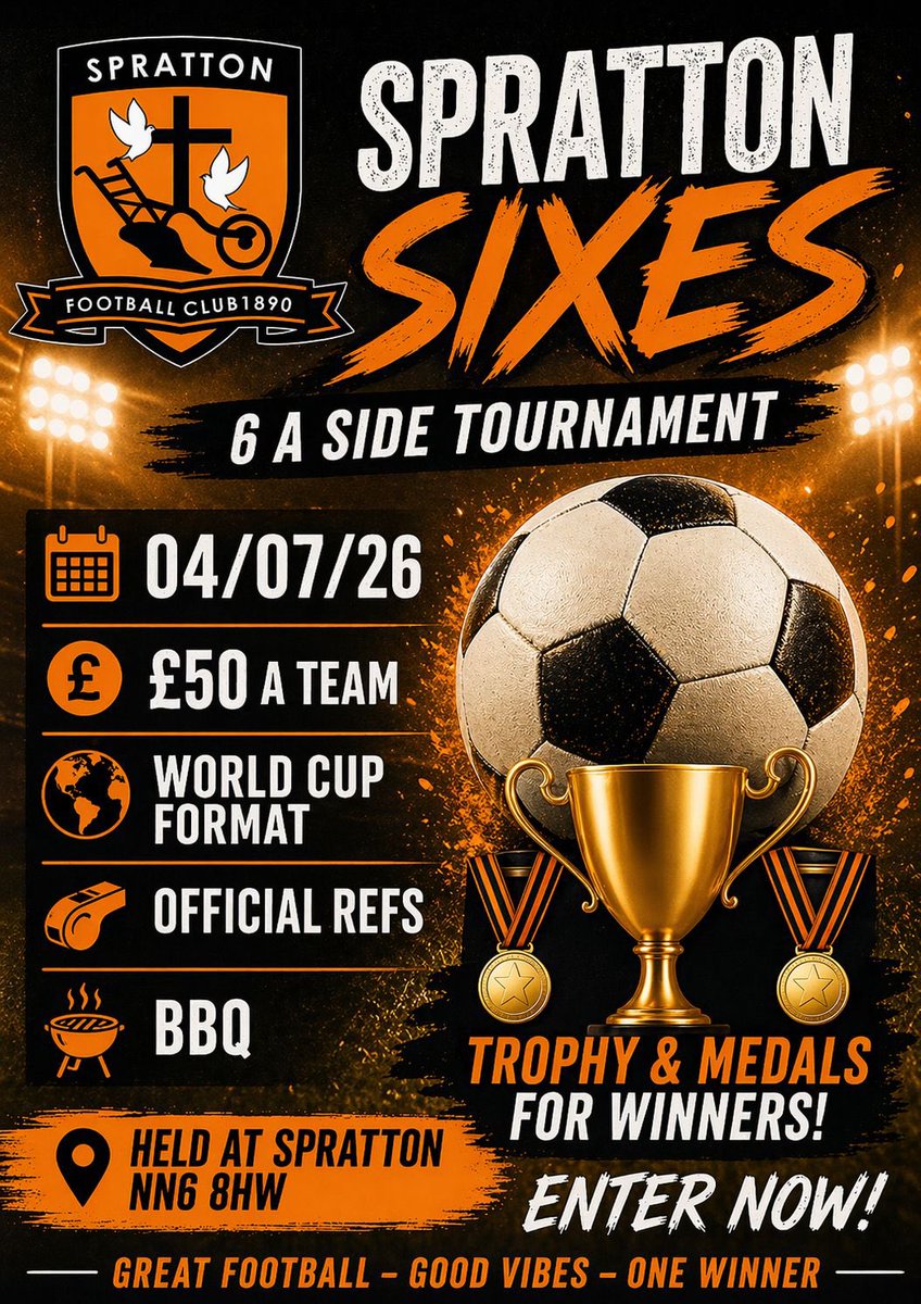 SprattonFC's tweet photo. Oh yes! The best 6 a side football tournament in the whole world is back this summer!

An amazing day filled with football, fun, beer, bbq, sun and great times. 

Please contact us via DM if you want to enter a team and we will add you to the list and send you all the details https://t.co/t2EttuXDDC