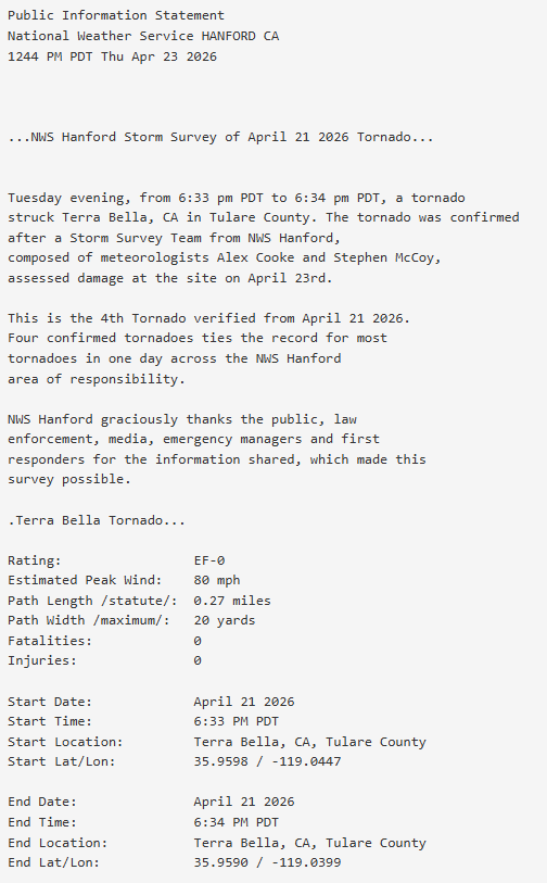 NWSHanford's tweet image. Another Storm Survey conducted yesterday, April 22nd, has resulted in the 4th confirmed tornado from Tuesday April 21st. #cawx #tornadoes