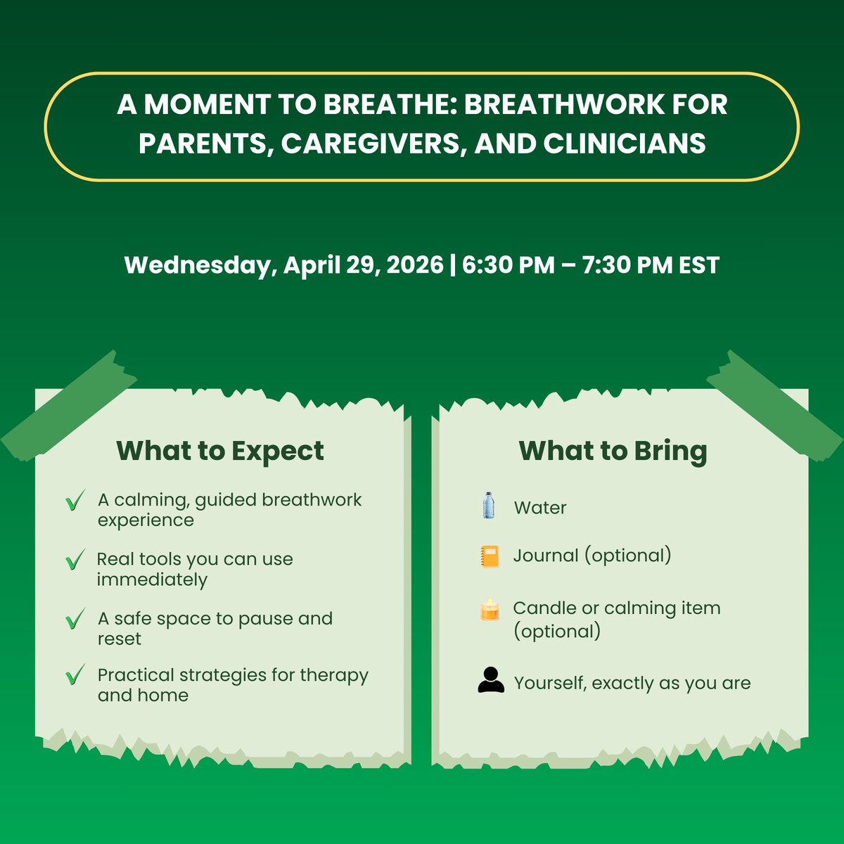 DynamicTllc's tweet photo. Take a moment to breathe and give yourself the care you deserve. Join Dynamic Therapy for a calming and empowering virtual breathwork session designed for parents, caregivers, and clinicians who support others every day.

🗓️ Wednesday, April 29
⏰ 6:30 PM - 7:30 PM https://t.co/f4Mba3gRsp