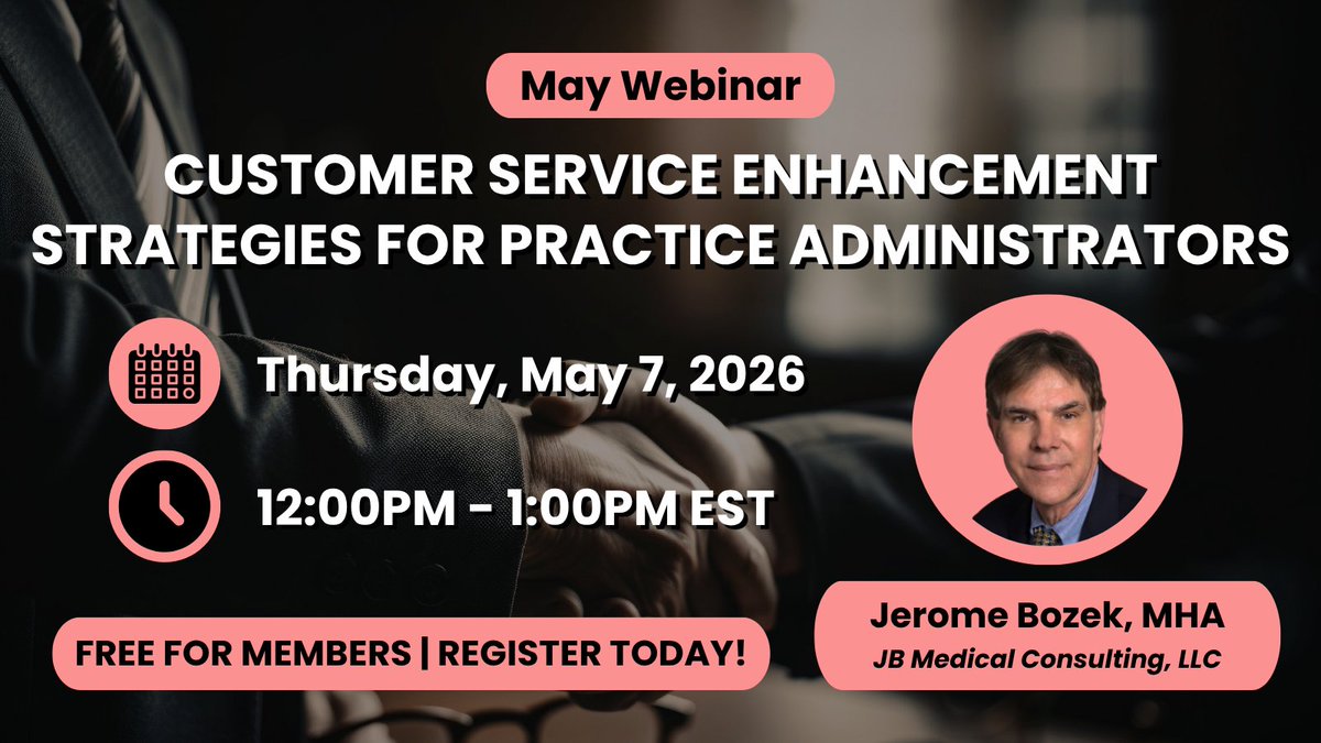 Register for upcoming webinar, "Customer Service Enhancement Strategies for Practice Administrators" presented by Jerome Bozek, MHA of JB Medical Consulting, LLC📣

🗓️Thursday, May 7, 2026
🕓12:00PM - 1:00PM EST

Register today!👇
hlanortheast.org/event-6666060