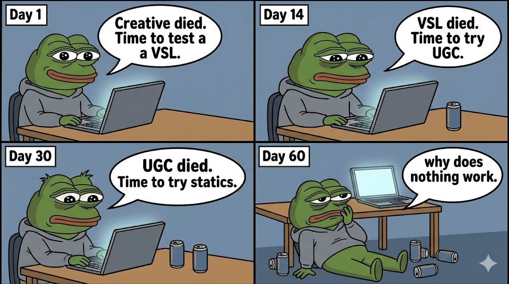shauneng's tweet photo. >Your creative died
>You went on X to see if anyone else faced random Meta performance drops.
>You see someone recommend native ads.
>You think changing ad formats is your magic solution

That's exactly why the next ad will die too.

When an ad stops working, 90% of Ecom bros go straight to the format.

"What's the winning ad formats for supplements bro"

VSL wasn't converting, try UGC. UGC fatigued, try a static. Static flopped, maybe the hook wasn't "attention grabbing" enough.

You're diagnosing the wrong thing.

You can build an ad through two lenses.

Your lens - what you know about the product. The customer lens - what they actually feel.

Your winner worked because it was speaking through the customer lens. That's it.

You may not understand it because you just used some ripped content.

But when a creative dies and you switch formats without understanding what worked, you're just building a misaligned ad in a different skin.

Which is why a simple image ad can sometimes outperform a long "direct response" VSL.

We've made image ads that scale to $100k days and long direct response unaware VSLs that only got a few dollars in spend.

It may seem simple but it's just content that matched how the customer was already consuming organically and matches their current emotional state.

Ya'll will say the angle is dead, spend weeks tweaking your VSL scripts, working on the wrong thing the whole time.

The question isn't "what format do I try next."

It's "what was my winner seeing that I'm no longer seeing."

Your next winner is already in your ad account.

You just can't see it because you're looking at it through the wrong eyes.

Fix the lens first.