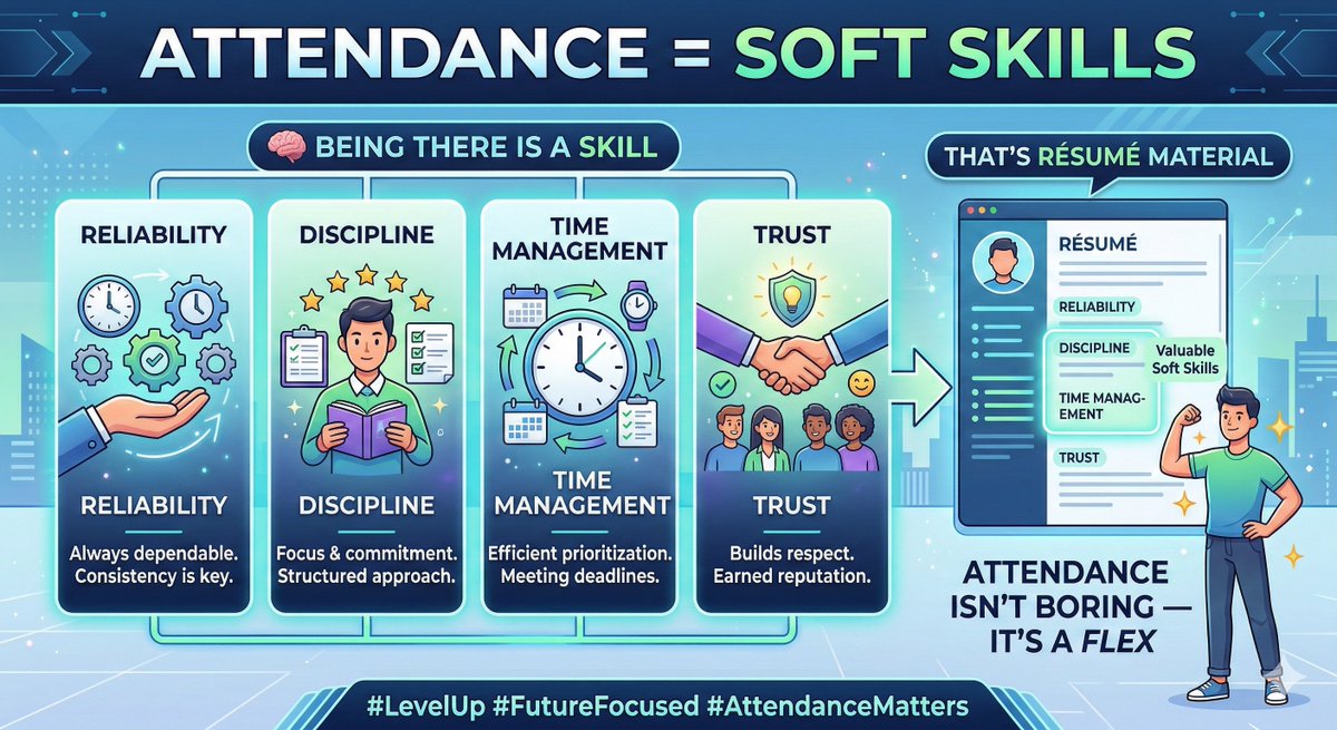 RedGoldNews's tweet image. Attendance = Soft Skills 🧠 Being there is a skill.

Showing up builds: • Reliability • Discipline  • Time management • Trust

That’s résumé material. Attendance isn’t boring — it’s a flex. #LevelUp #FutureFocused #AttendanceMatters