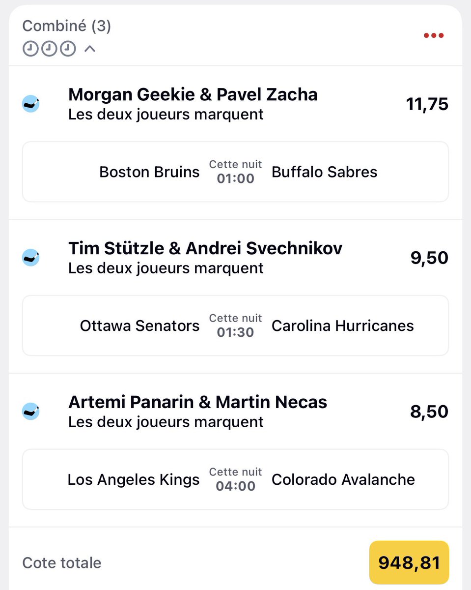 APMBetting's tweet image. NHL TIME🏒🇺🇸

Parce que je suis là pour vibrer ! Ça reste les playoffs , aucune certitude et de valeurs sure (je vois les 3 équipes à domicile win)
Jouez en freebet ou 1€ max ! 

🎯79
🎯284
🎯948
🎯26 100

❤️si tu suis 
Bisous 🫶🏻

#NHL #StanleyCup2026