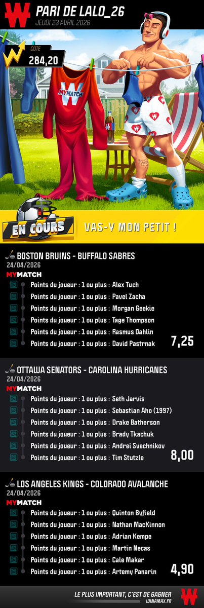 APMBetting's tweet image. NHL TIME🏒🇺🇸

Parce que je suis là pour vibrer ! Ça reste les playoffs , aucune certitude et de valeurs sure (je vois les 3 équipes à domicile win)
Jouez en freebet ou 1€ max ! 

🎯79
🎯284
🎯948
🎯26 100

❤️si tu suis 
Bisous 🫶🏻

#NHL #StanleyCup2026