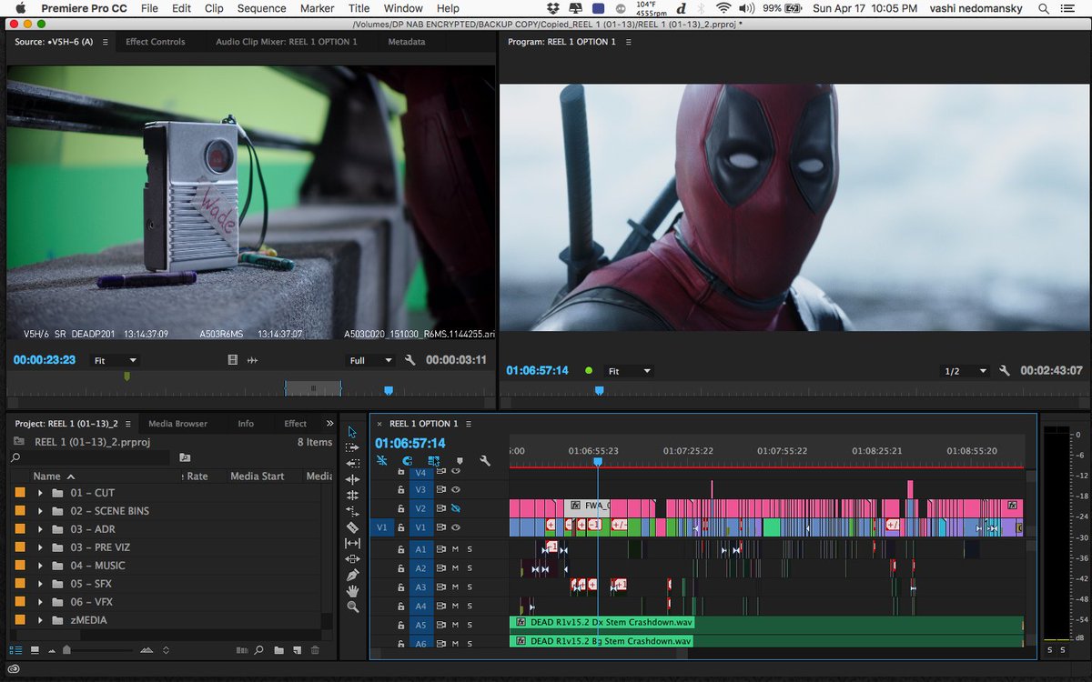 vashikoo's tweet photo. I built the post-production pipeline for DEADPOOL. A workflow for seven editors, assistants and VFX cutters. Before the creative work begins, a properly set-up project is critical. 9 months of post and our only major issue was that 10 Mac Pro trash cans overheated and died. https://t.co/clhEPT3och