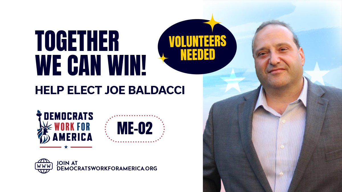 DemsWork4USA's tweet photo. Support Joe Baldacci for ME-02:
π Donate: https://t.co/dOh7icCkyK
π Volunteer: https://t.co/WYmlCFfsRv
#WinBlue #KeepItBlue #ME02 https://t.co/7ThKXB0kq1