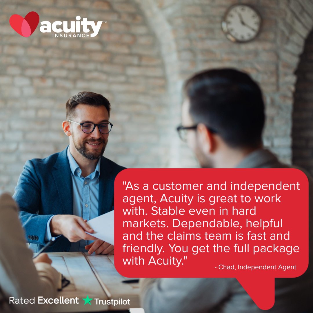 acuityinsurance's tweet image. "Stable even in hard markets."
 
That's what Acuity strives to provide to our customers and agents. Thank you, Chad, for your kind words and recognition. 
 
#acuityinsurance #claims #customerexperience