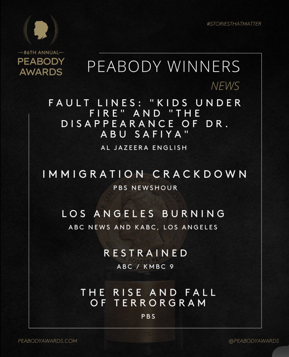 LailaAlarian's tweet photo. Two @AJFaultLines films, “Kids Under Fire” and “The Disappearance of Dr. Abu Safiya,” were honored with @PeabodyAwards.

One examines the targeting of Palestinian children by Israel. The other is on Dr. Hussam Abu Safiya, a Gaza hospital director who refused to leave his patients https://t.co/YHeRYNld6p
