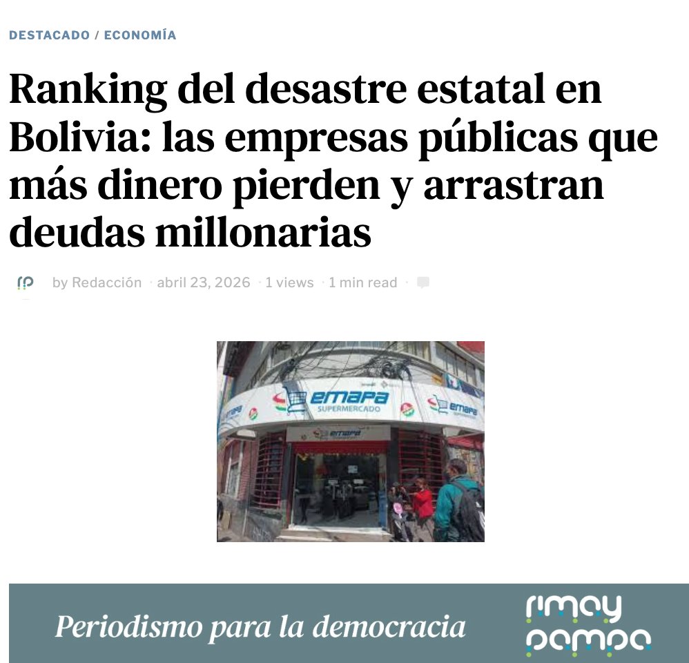 Al 31 de marzo de 2026, varias empresas del Estado no solo registran pérdidas millonarias, sino también niveles de deuda alarmantes, según la plataforma de la Oficina Técnica para el Fortalecimiento de la Empresa Pública (OFEP), dirigida por Pablo Camacho
rimaypampa.org/economia/ranki…