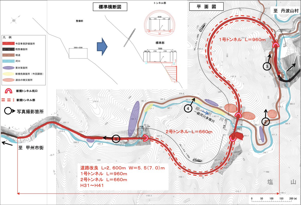 michael2u76's tweet photo. 先日R411通ってなんかずっと工事してるなーと思ってたポイントを調べてみたら、線形改良工事が着々と進められてた。計画によるとR11年度竣工予定。
工事範囲の東端付近の既存急勾配ヘアピンカーブも、そのうち旧道になるんだと分かった。 https://t.co/0phfI1K1fV