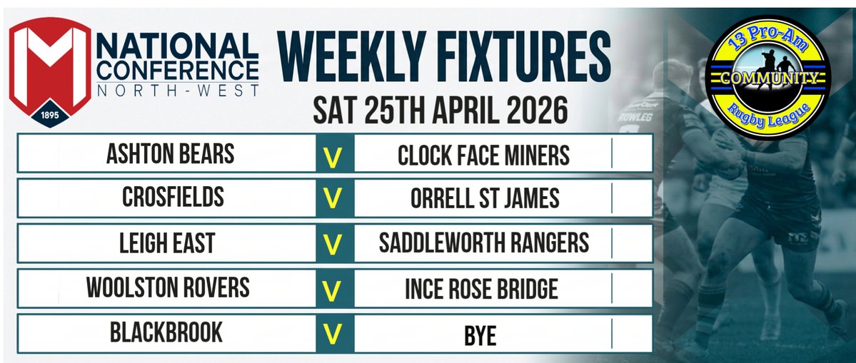 13proamrl's tweet image. Catch the action on Sat 25th April 2026 as Ashton Bears, Crosfields, Leigh East, Woolston Rovers, Blackbrook, and more face off. Don't miss out! #RugbyMatch #GameDay #SportsEvent