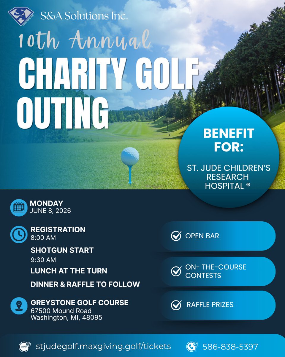 SA_SolutionsMI's tweet photo. We are excited to announce our upcoming Golf Outing benefiting @StJude @StJudeResearch on June 8th, 2026 📅⛳️

To date, S&amp;A Solutions and generous donors such as you have raised over $700,000 for this incredible cause 🙌

Register now!

#golf #charity #fundraiser #stjude #event https://t.co/6I2AzIyed9