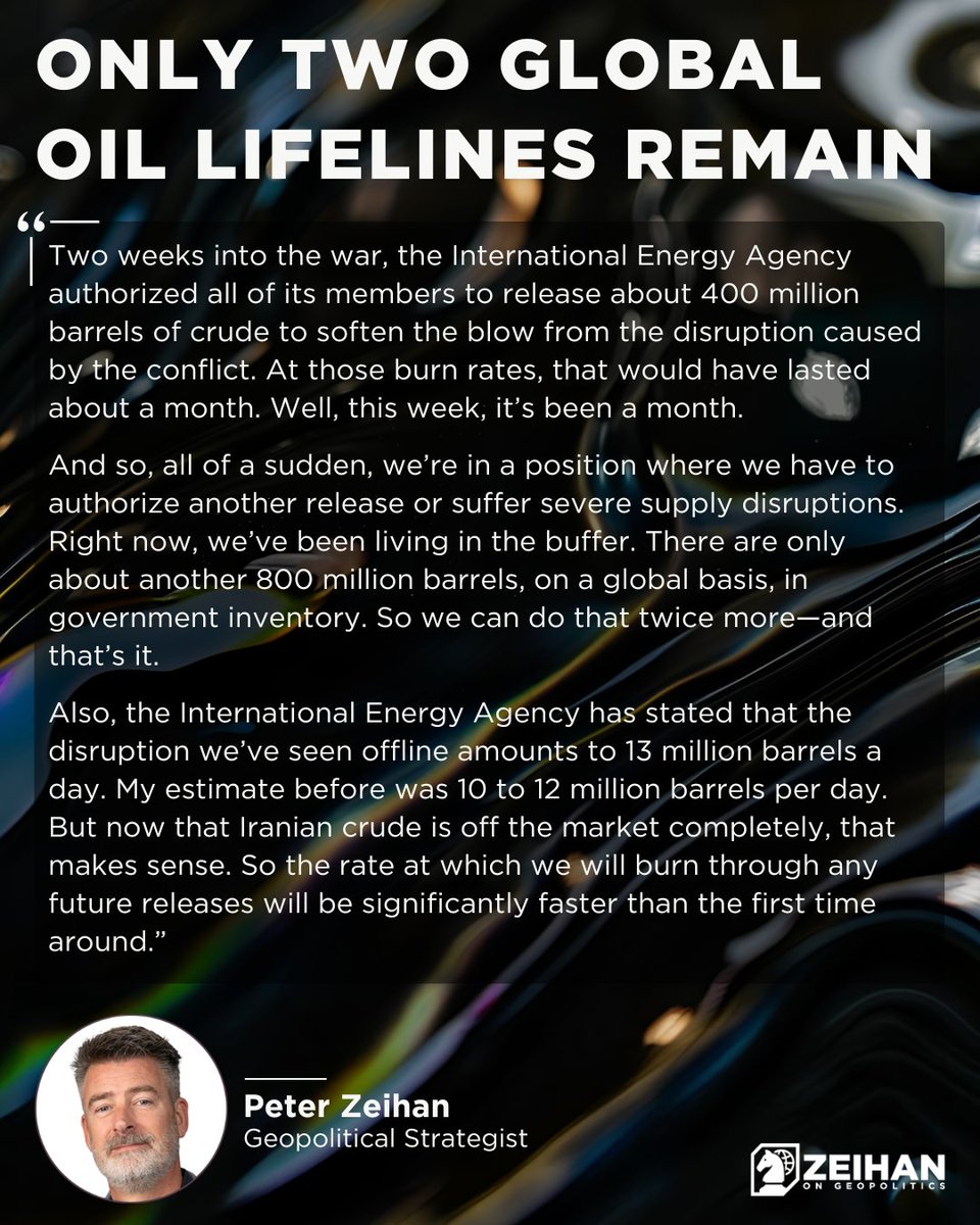 PeterZeihan's tweet image. The situation in the Persian Gulf has worsened. Despite the ceasefire, a double blockade has broken out. It's one big cluster, and the global energy markets are feeling the heat.

#iranwar #crudeoil #geopolitics