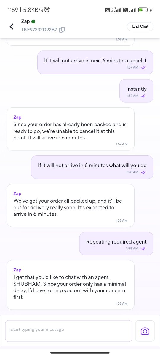 shubham233_'s tweet photo. @ZeptoNow really disappointed with your support.
Order was delayed, I clearly said it’s no longer needed &amp; asked to cancel, but your bot kept repeating “arriving in 6 minutes” 🤖

No cancellation, no real agent connection, no res.

This is not how customer service should work. https://t.co/AOUqaV7GCL