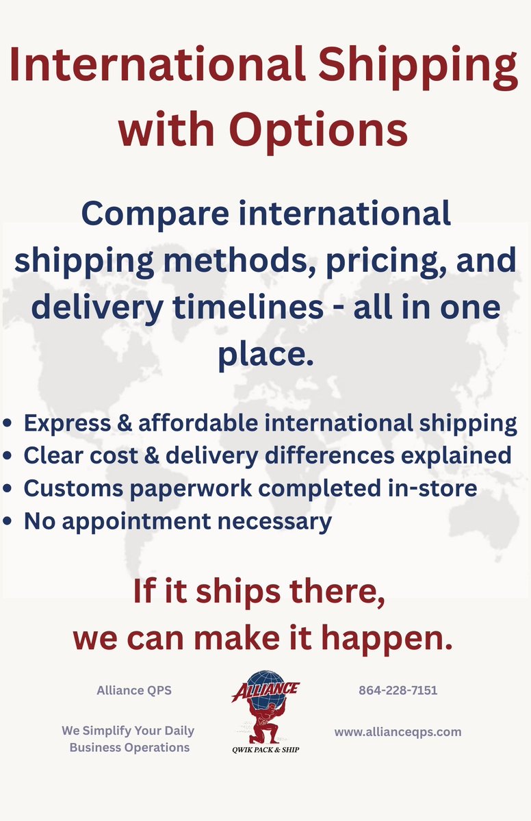 allianceqps's tweet image. International shipping made easy 🌍
Meest • FedEx • UPS • USPS
Customs paperwork handled in-store.
One stop. Worldwide delivery.
#InternationalShipping #ShipWorldwide #GlobalShipping #Customs #Logistics