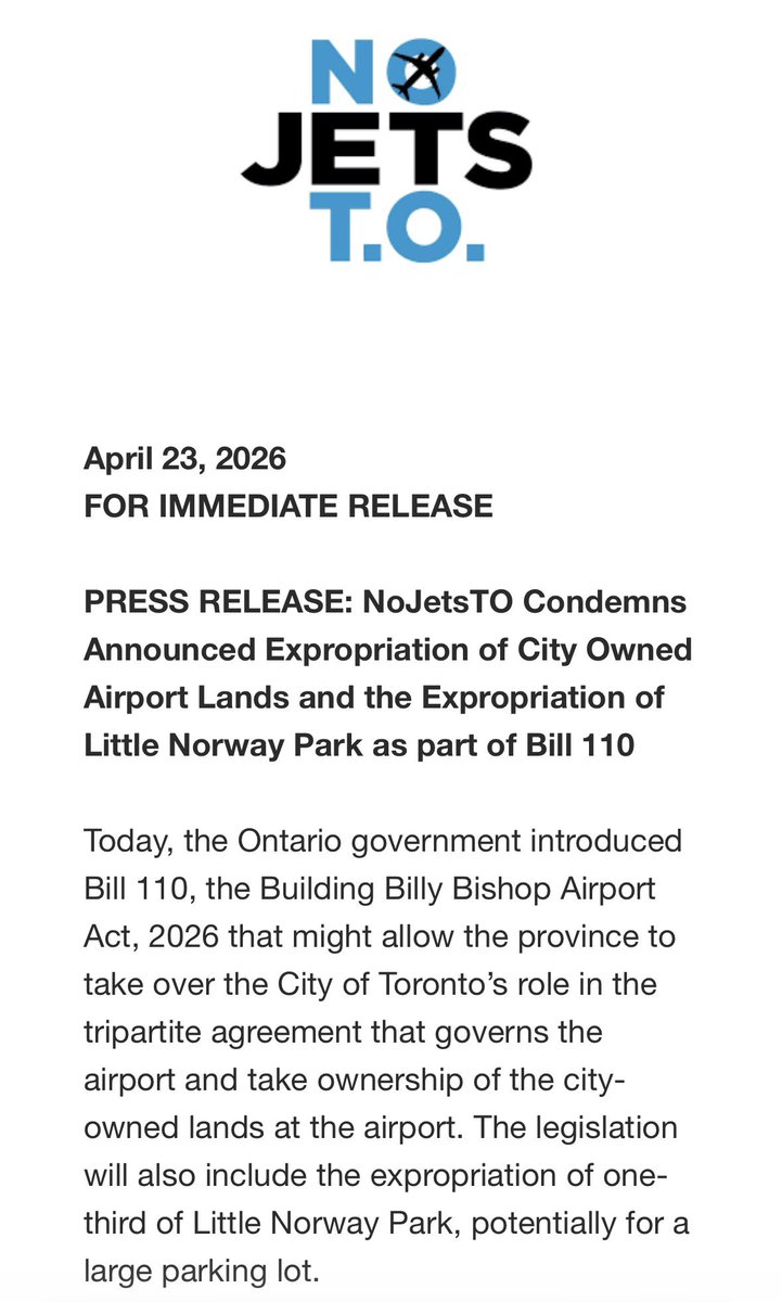 NoJetsTO's tweet photo. PRESS RELEASE: NoJetsTO Condemns Announced Expropriation of City Owned Airport Lands and the Expropriation of Little Norway Park as part of Bill 110. 

“Ford plans to take our land, pave our park, and leave Torontonians in the dark” https://t.co/laHiM5Aw8v #topoli #onpoli https://t.co/OQ3cn01i2I