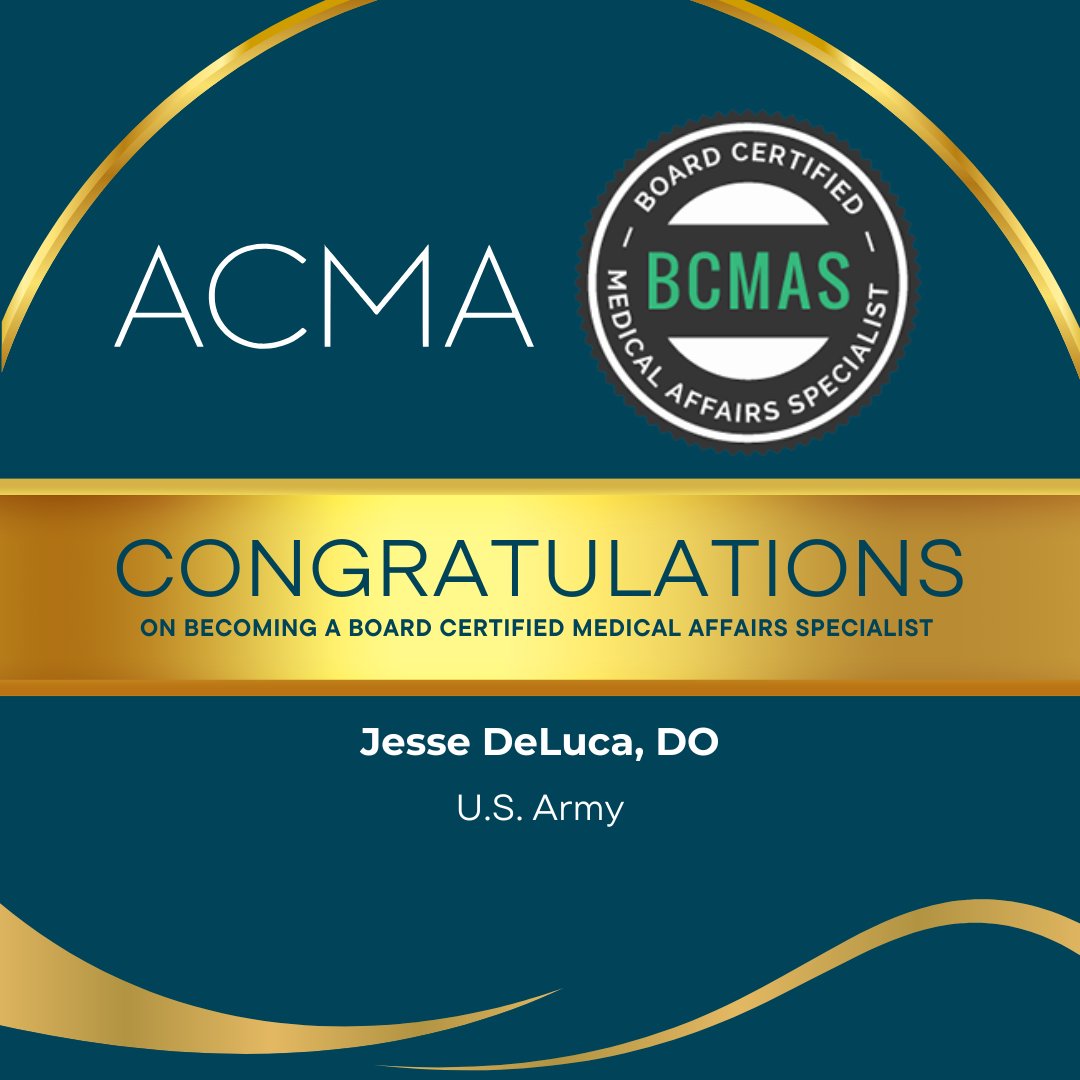 The_ACMA's tweet image. Congratulations on becoming a Board Certified Medical Affairs Specialist (BCMAS®), Jesse DeLuca, DO

#BCMAS #BoardCertifiedMedicalAffairsSpecialist #MedicalAffairs #MSL #PharmaLeadership
