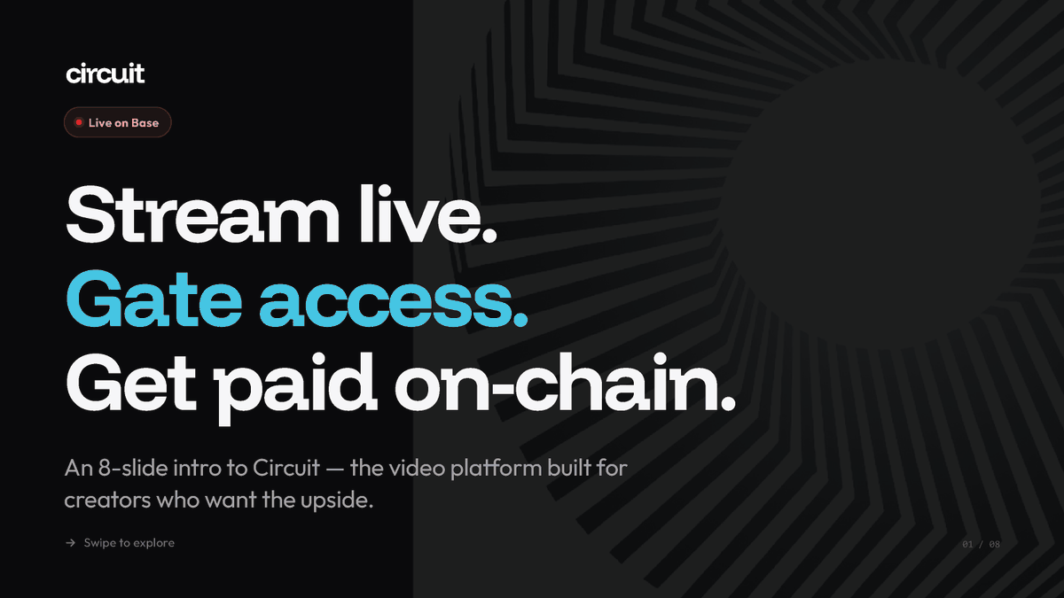 circuit_tv's tweet photo. Live streaming where creators actually keep what they charge.

Set your price. Viewers pay. You keep 100%. The platform fee is paid by the viewer, not deducted from you.

Circuit is live on @Base. All onchain, using smart cnotracts &amp; @circle 's @USDC stablecoin for payments. https://t.co/lOL87bVS07