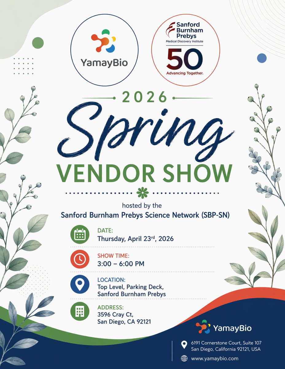 yamaybioinc's tweet image. Join us at the Spring Vendor Show 2026 at Sanford Burnham Prebys! 🌸

📅 April 23
🕒 3–6 PM
📍 San Diego
Stop by YamayBio to explore smarter lab solutions 🧪
#YamayBio #Biotech #VendorShow #SanDiego #LifeScience #science #westernblot #research