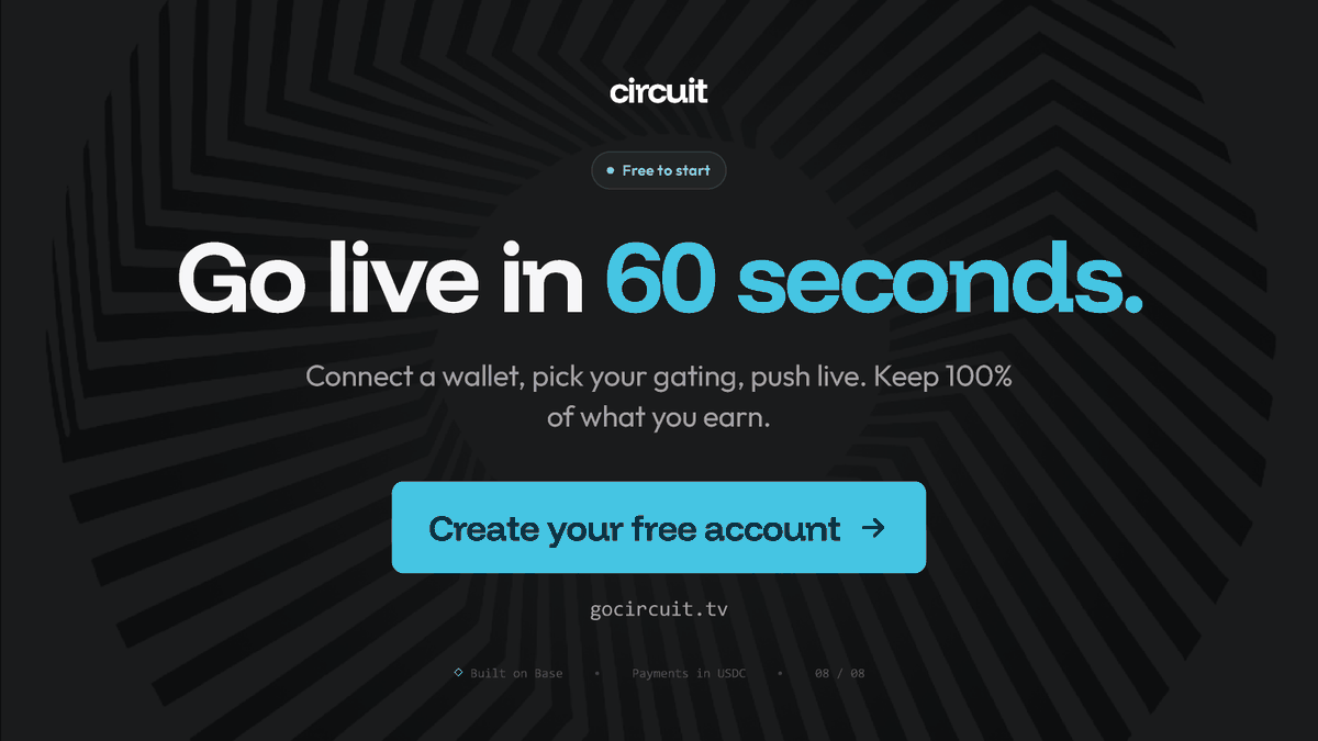 circuit_tv's tweet photo. Live streaming where creators actually keep what they charge.

Set your price. Viewers pay. You keep 100%. The platform fee is paid by the viewer, not deducted from you.

Circuit is live on @Base. All onchain, using smart cnotracts &amp; @circle 's @USDC stablecoin for payments. https://t.co/lOL87bVS07
