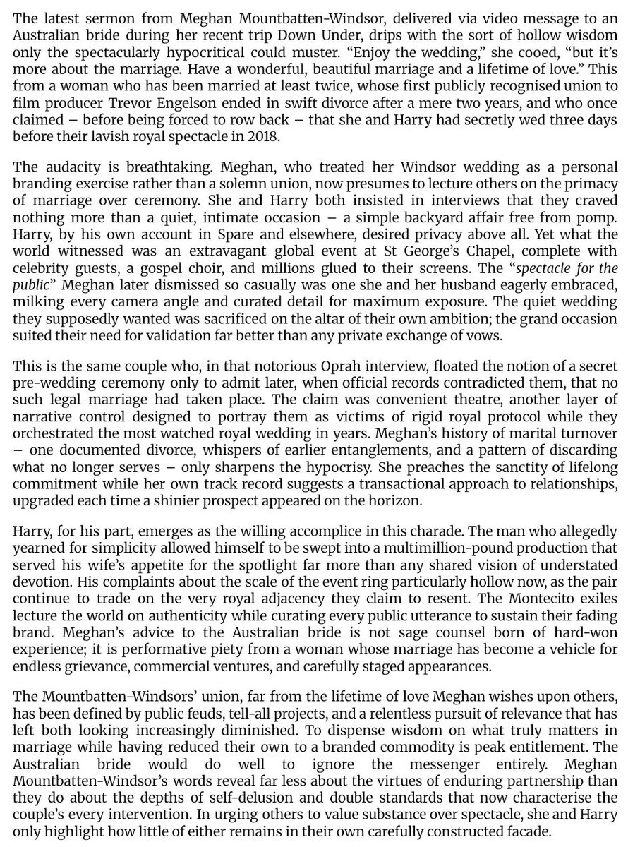 ImpartialEyes's tweet image. #DumbHarry &amp;amp; #CarParKKKle's union has been defined by public feuds, tell-all projects, &amp;amp; a relentless pursuit of relevance.

To dispense wisdom on what truly matters in marriage while having reduced their own to a branded commodity is peak entitlement

#UnSussexful