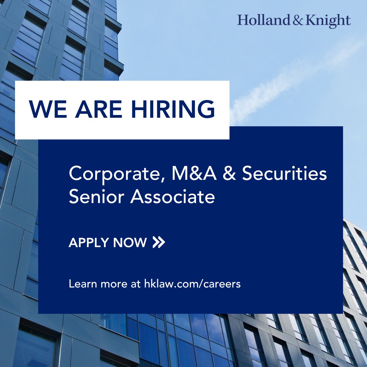 Holland_Knight's tweet image. Holland &amp;amp; Knight is #hiring! We're looking for a senior associate with 5-7 years of experience to join our dynamic Corporate, M&amp;amp;A and Securities Section. Candidates should have a background in M&amp;amp;A and #privateequity transactions, strong working knowledge of acquisition agreements