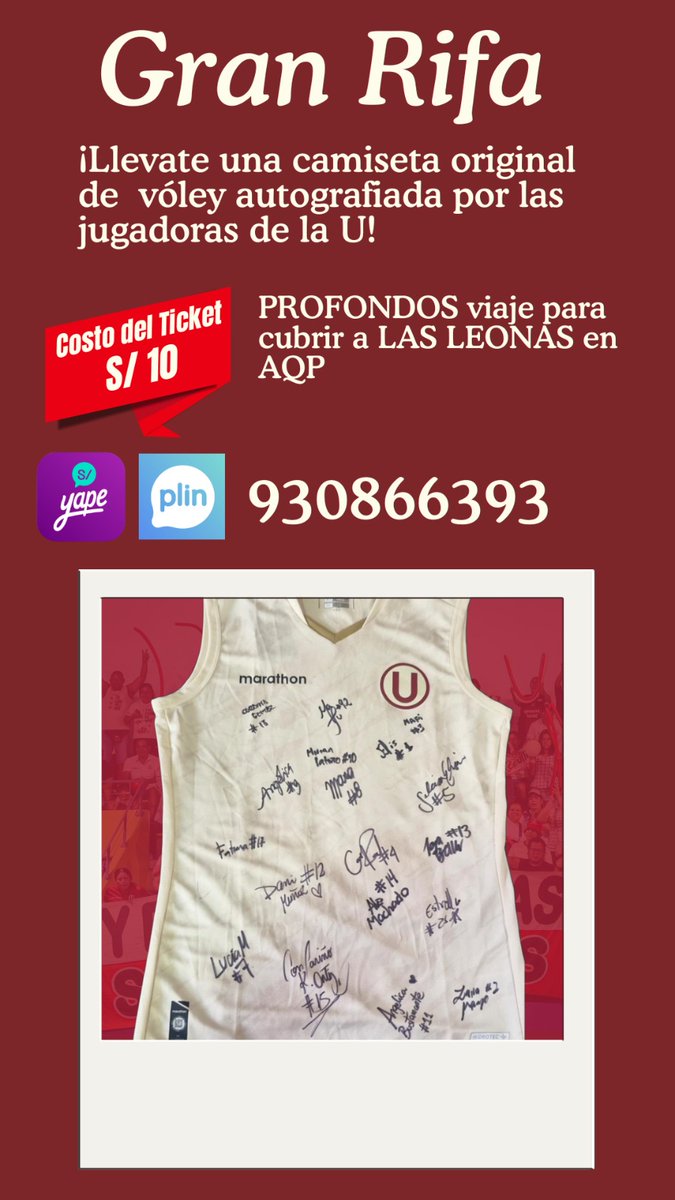 🟡🔴 Gana la piel de LAS PUMAS! 🦁🏐 Autografiada por todo el equipo. ✍️🔴🟡

​🎟️ Ticket: S/ 10

🎯 Meta: 100 rifas para cubrir a LAS LEONAS en Arequipa 🏔️🔴🟡

📲 Yape/Plin: 930866393

​¡Apoya y etiqueta a tu amigo crema! 🔴🟡

#YdaleU #LasLeonas <a href="/redbear2506/">Polideportivo Crema</a> <a href="/ElmoResucitado/">Tio Chichelmo</a>.