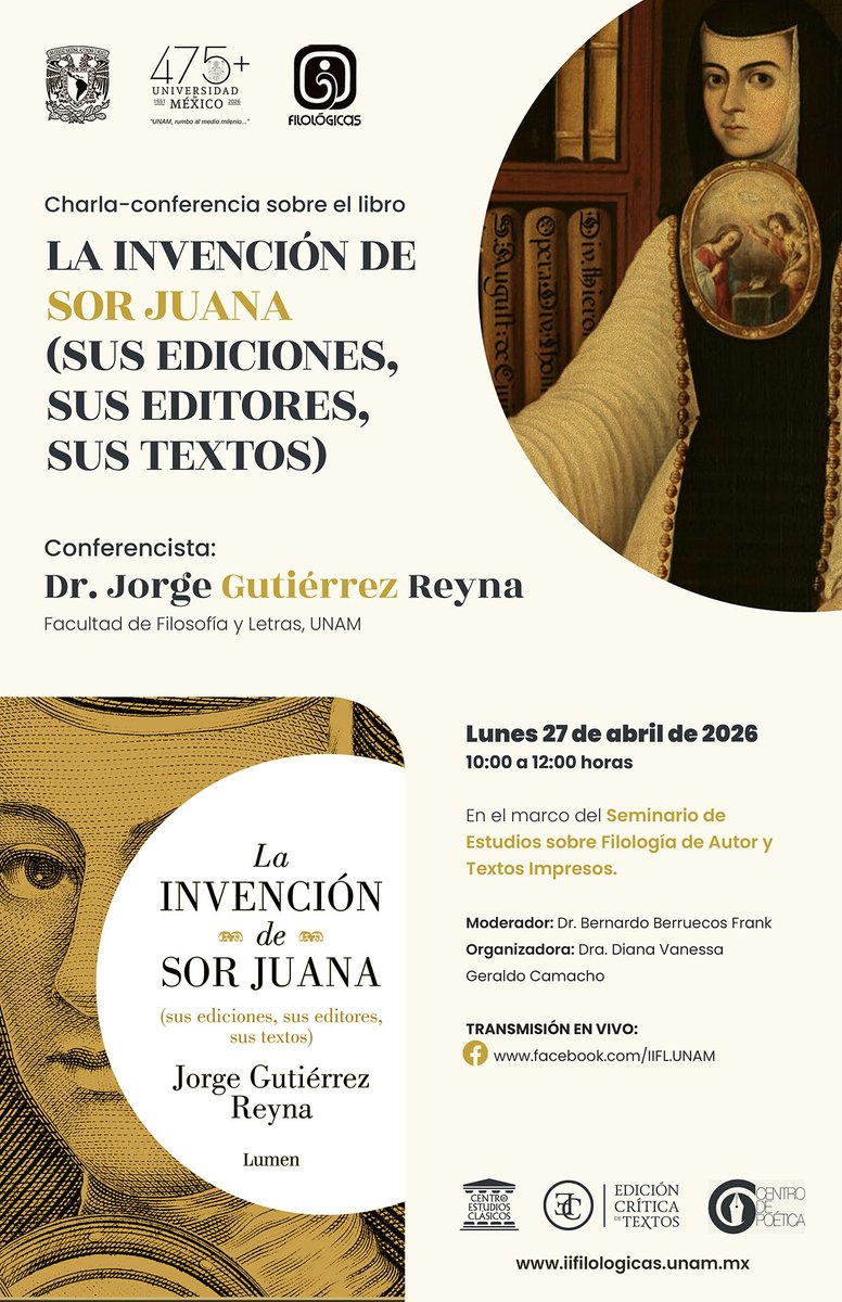 IIFL_UNAM's tweet photo. 🗣 No olvides conectarte a la transmisión de la Charla-conferencia sobre el libro La invención de sor Juana (sus ediciones, sus editores, sus textos) a cargo de Jorge Guitiérrez Reyna.

⌚10 horas
💻 Transmisión por #FacebookLive https://t.co/PDeX8Yn2AS