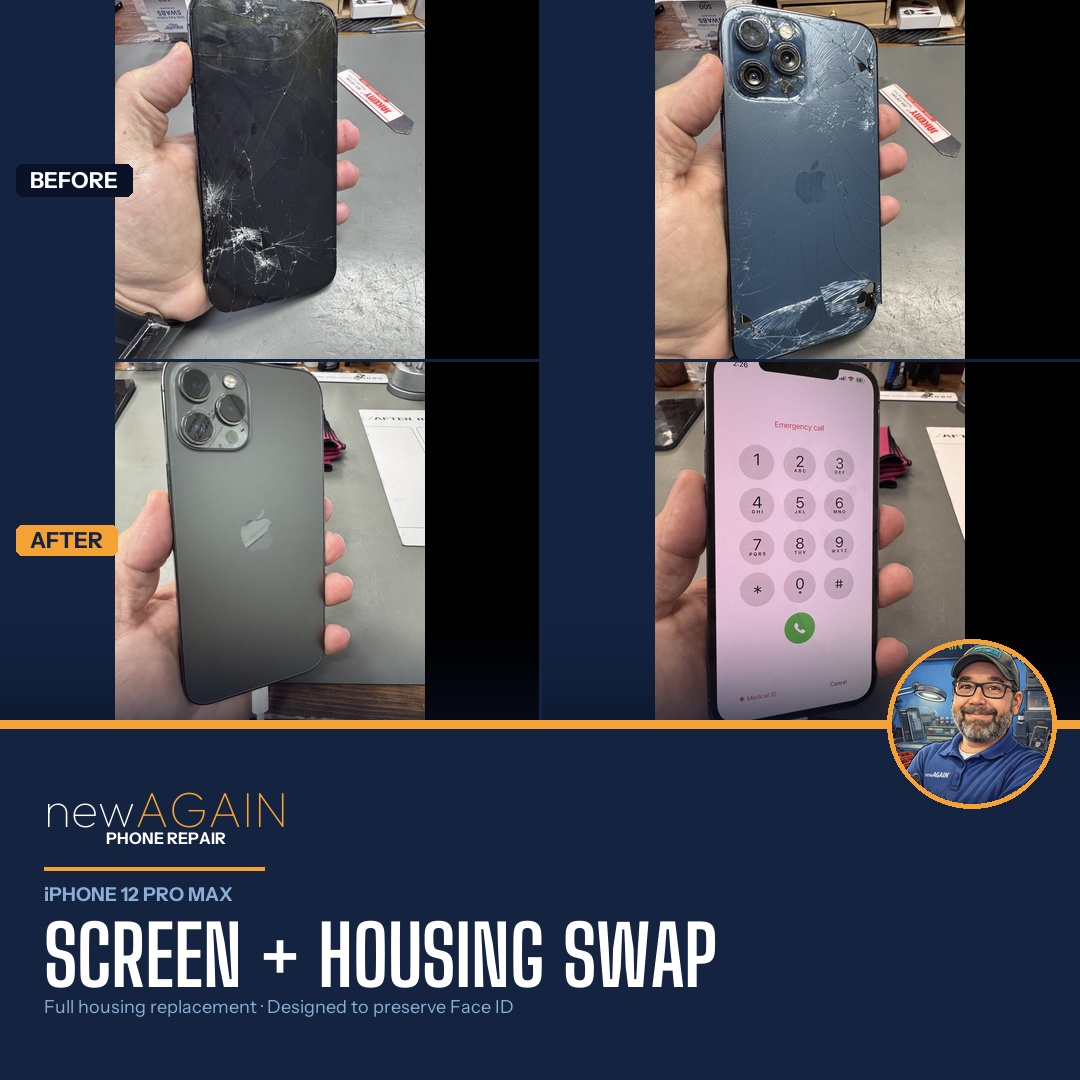 newagainconcord's tweet photo. iPhone 12 Pro Max. Cracked screen. Destroyed housing. Full swap — new shell, new screen, designed to preserve Face ID.

Most shops won't touch this one. We do.

📍 Concord, NC | (704) 794-6200 https://t.co/p7kkJUwrrX