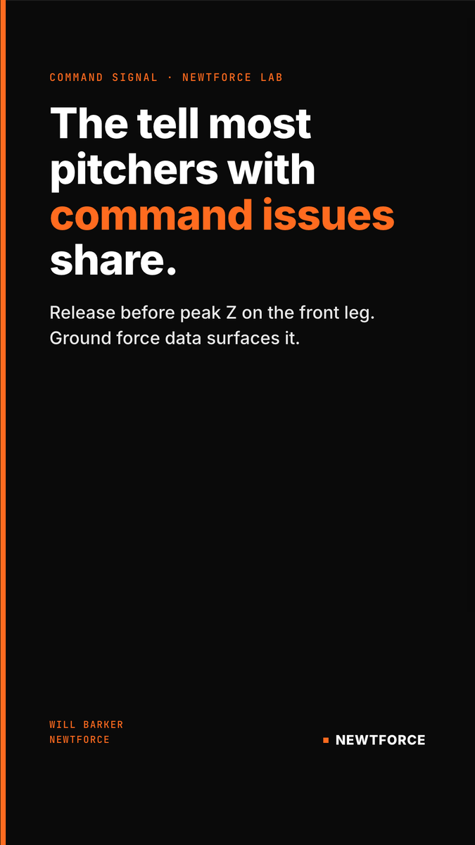 newtforce's tweet photo. The tell most pitchers with command issues share: release before peak Z on the front leg.

Force transfer leaking out. Ground force data surfaces it. 

#BuiltInTheLab https://t.co/ZgDiJtXBfz