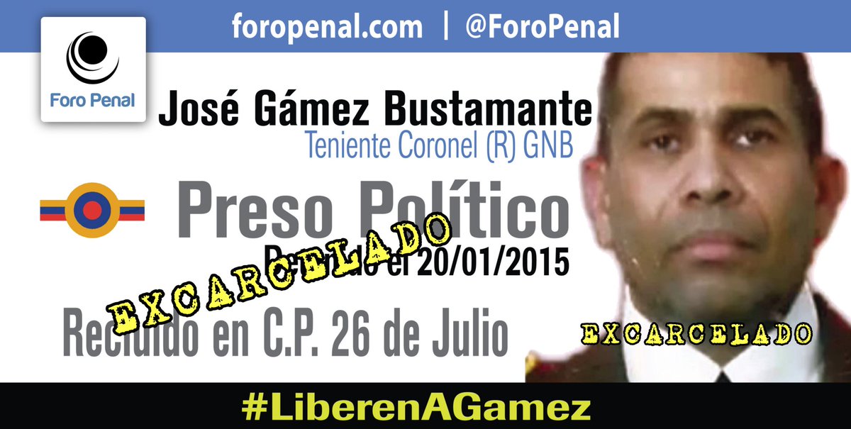ForoPenal's tweet image. El preso político, Coronel (GNB) José de Jesús Gámez Bustamante, de 65 años, ha sido excarcelado tras 11 años privado de libertad sin juicio. Se encuentra muy enfermo. Estaba recluido en la cárcel 26 de Julio, en San Juan de los Morros, estado Guárico. #Venezuela