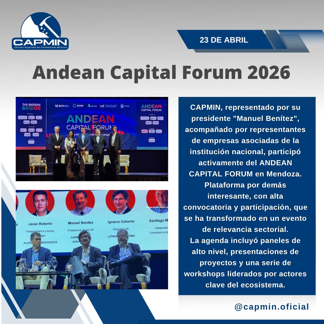 CapminOficial's tweet photo. CAPMIN, representado por su presidente "Manuel Benítez", acompañado por representantes de empresas asociadas de la institución nacional, participó activamente del ANDEAN CAPITAL FORUM en Mendoza. https://t.co/NsRuQHE2jh