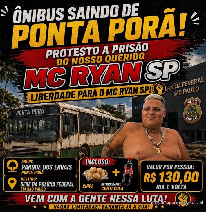CamisaTailandia's tweet photo. ÚLTIMAS VAGAS: Protesto em frente a prisão, liberdade para o MC Ryan SP, MC Poze do Rodo e criador da Choquei.
#Poze #Ryan #Choquei #PJL https://t.co/aaJyh61rca