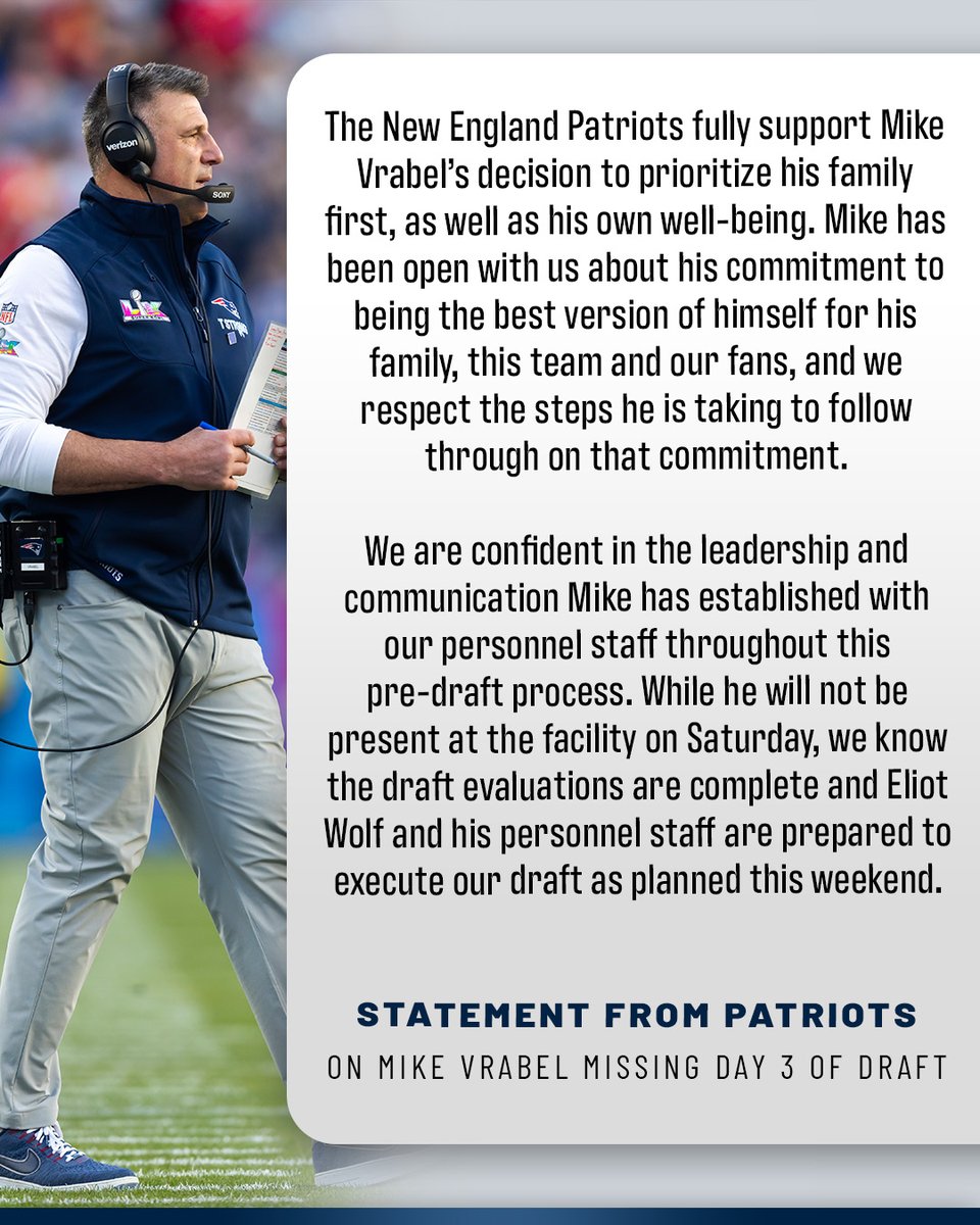 NBCSPatriots's tweet photo. The Patriots say they "fully support Mike Vrabel's decision to prioritize his family" as he's set to miss Day 3 of the NFL Draft

🔗 Follow the live blog: https://t.co/zFCg0kMl0o https://t.co/L3PVJGsTik