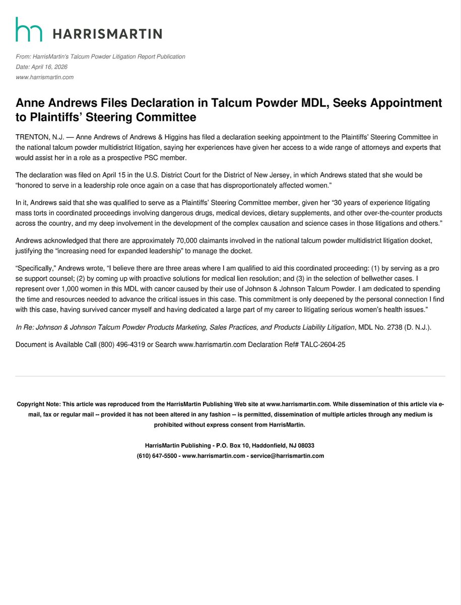 We’re proud to share that our Founding and Managing Partner, Anne Andrews, was recently featured in an article highlighting her application to serve on the Plaintiffs’ Steering Committee in the Talcum Powder MDL.
Throughout her career, Ms. Andrews has consistently stepped forward