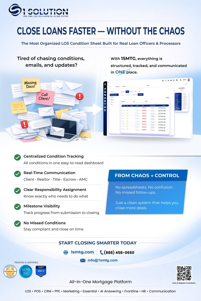 1Solution_'s tweet image. Chasing emails ≠ closing loans.

Structure your pipeline. Close faster.

#Mortgage #LoanOfficer #Fintech #SalesEfficiency #MortgageBroker  #WorkSmarter