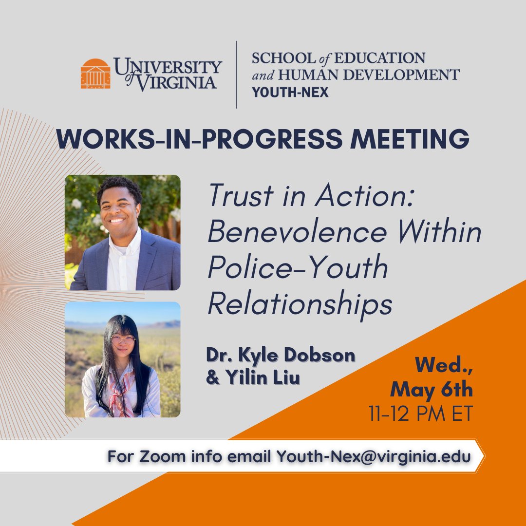 Youth_Nex's tweet image. Mark your calendar &amp;amp; plan to join our 5/6 #conversation about #police #youth #relationships! @UVABatten prof. Kyle Dobson &amp;amp; #team are sharing their #research under development. Interested in providing feedback or joining the #discussion? More -&amp;gt; education.virginia.edu/events/youth-n…