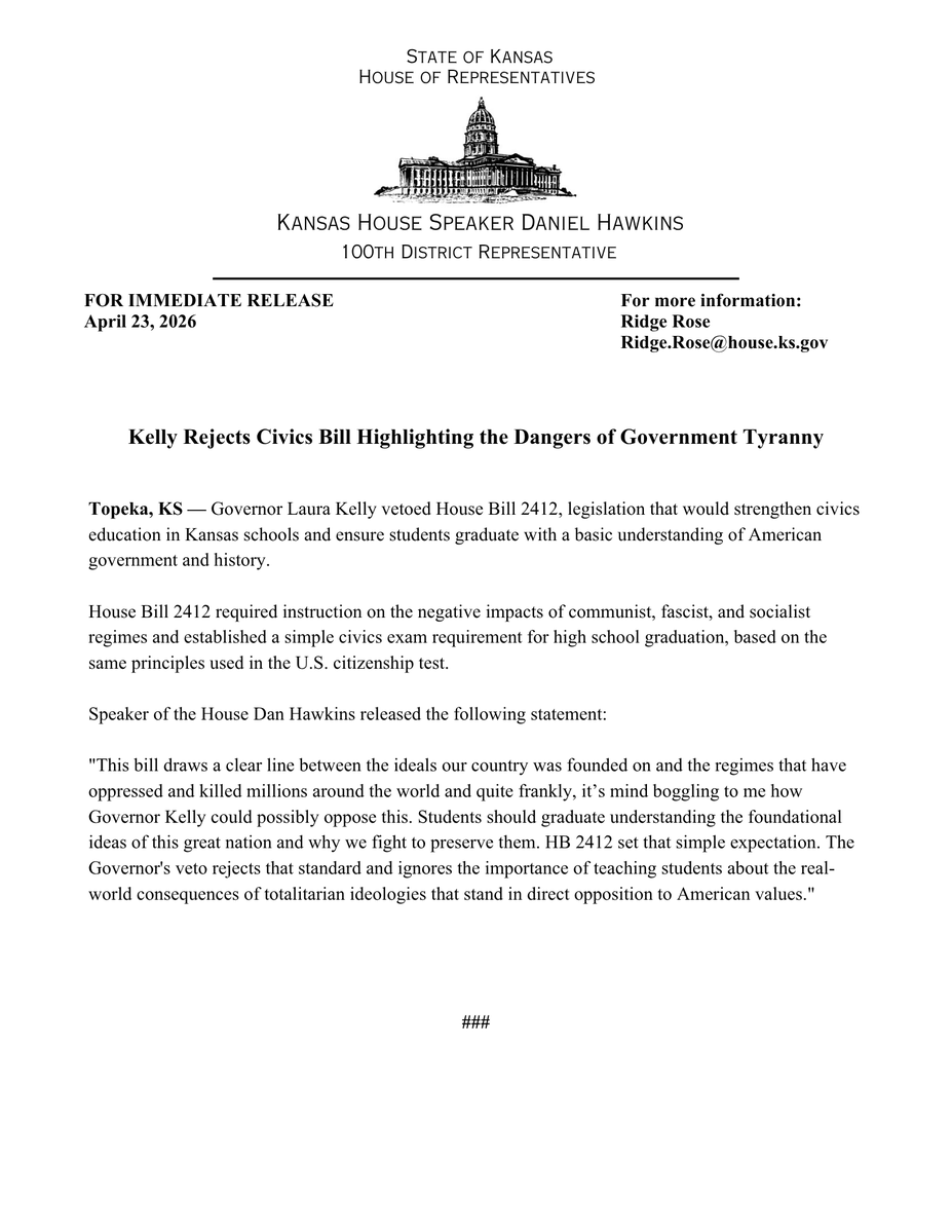 DanHawkinsKS's tweet image. The following is my statement on the veto of HB 2412: #ksleg