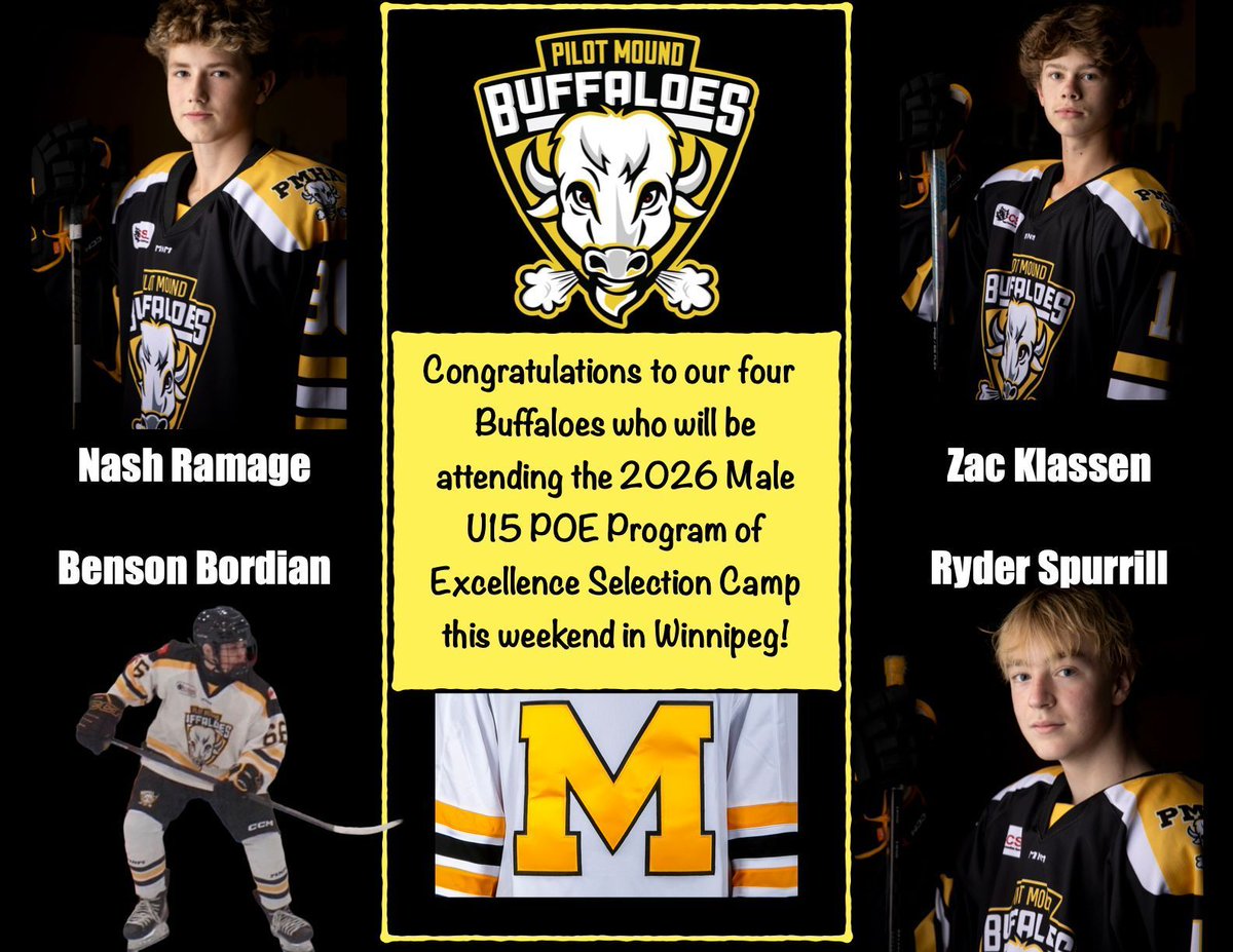 pmbuffaloes's tweet image. Goodluck to Nash, Zac, Benson, and Ryder as they compete in the U15 Program of Excellence Selection Camp (formerly Directors Cup) this weekend in Winnipeg! Avery Crowe is also participating in the Female U16 POE Camp!
#FearTheBuffs #PMHA #StudentAthletes