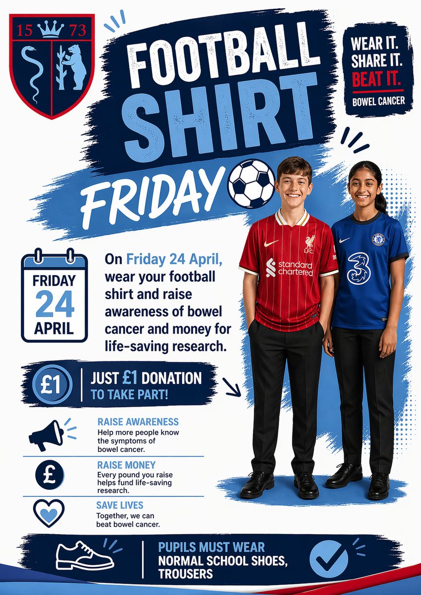 TQEA_Principal's tweet image. Tomorrow students and staff can wear a football shirt to raise awareness of bowel cancer and raise money for Cancer Research. Students should wear the rest of their school uniform - skirt/trousers, shoes. Please remember your £1 donation. #CancerResearch #raisingawareness