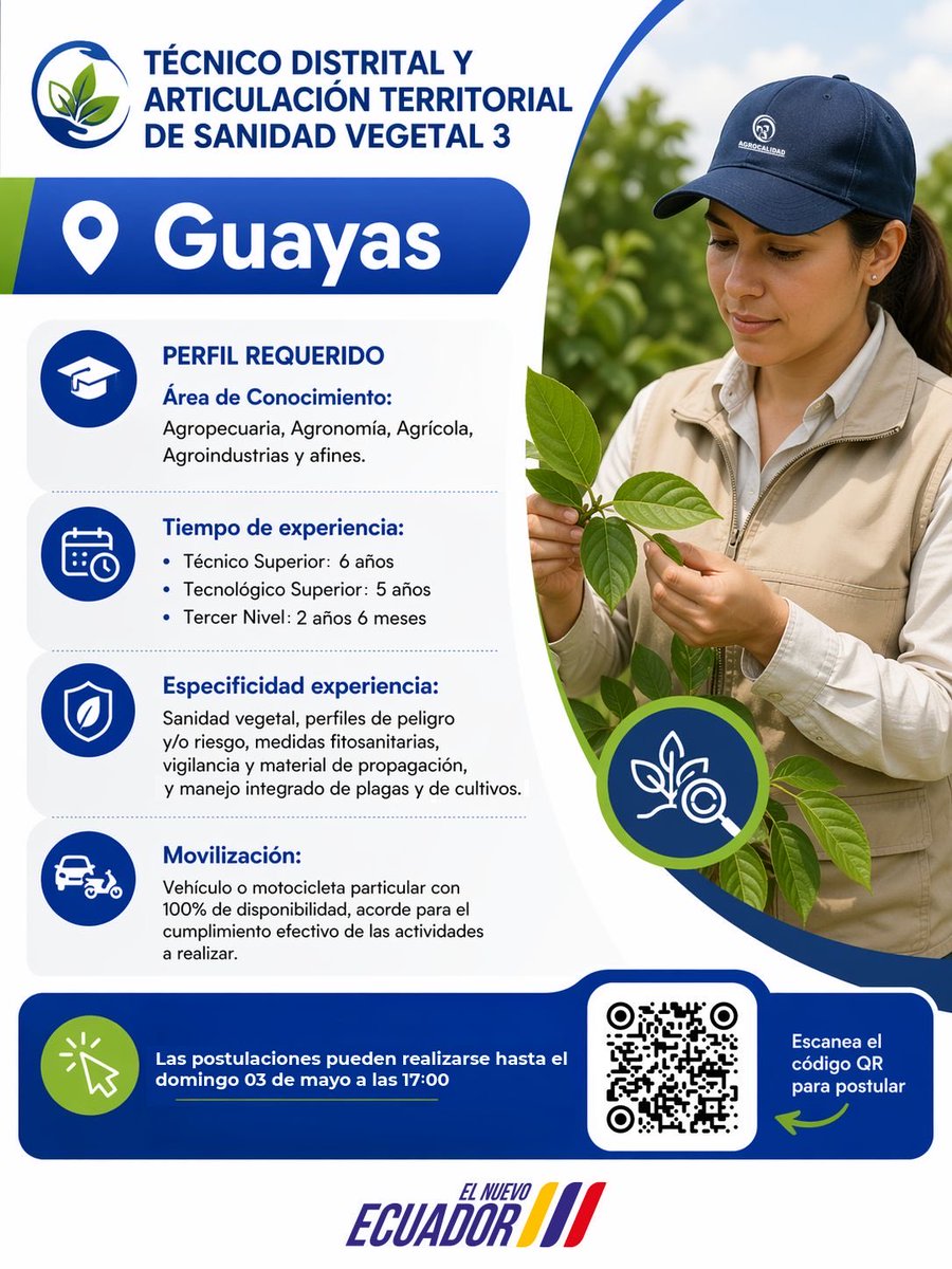 AgrocalidadEC's tweet image. #OportunidadLaboral

#Guayas | Si eres Técnico Distrital y de Articulación Territorial en Sanidad Vegetal con experiencia en manejo fitosanitario, vigilancia y control de plagas.

Súmate y aporta al desarrollo del agro ecuatoriano.

Postula aquí ⬇️
forms.gle/U2GJzbjKMVzKSo…