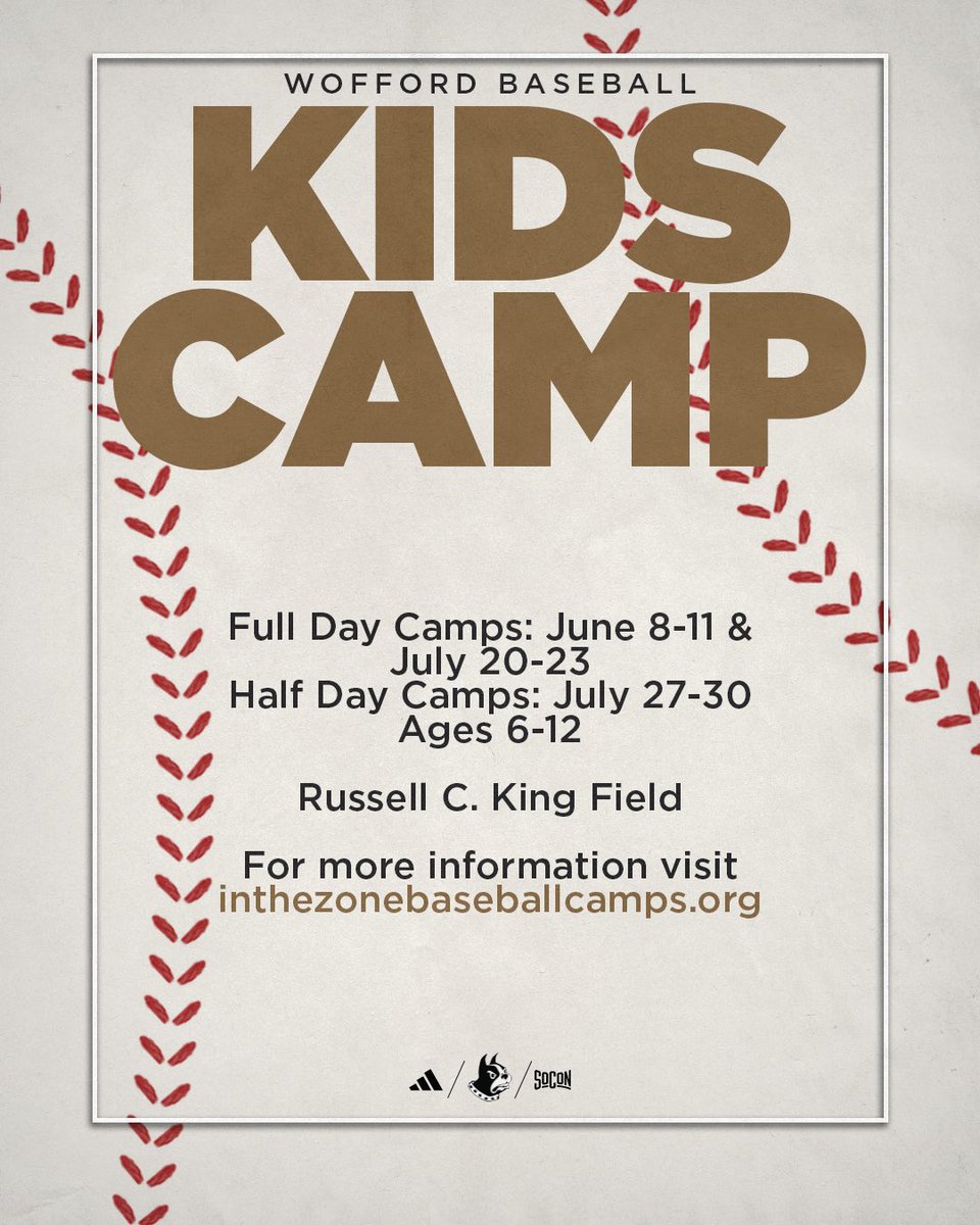 WoffordBaseball's tweet photo. 🚨2026 SUMMER CAMPS🚨
We will be hosting 3️⃣ youth camps in summer of 2026! Come and learn from our staff and players! We are looking forward to another great summer! Sign up using the link in our bio! 
🔗For questions/group rates contact Coach Reynolds at reynoldsfw@wofford.edu https://t.co/5bwOAzV4X4