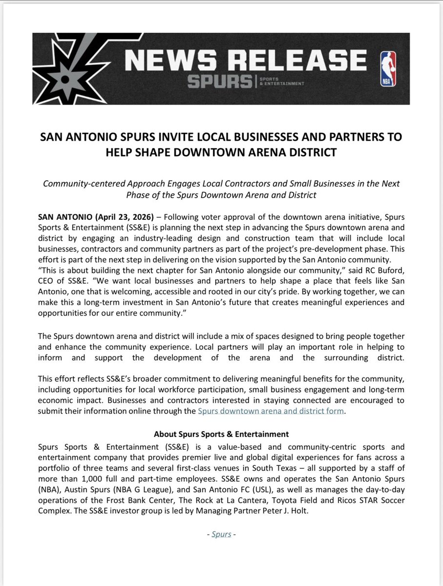 SAN ANTONIO SPURS INVITE LOCAL BUSINESSES AND PARTNERS
Businesses and contractors interested in staying connected are encouraged to submit their information online through the Spurs downtown arena and district form.

forms.office.com/pages/response…